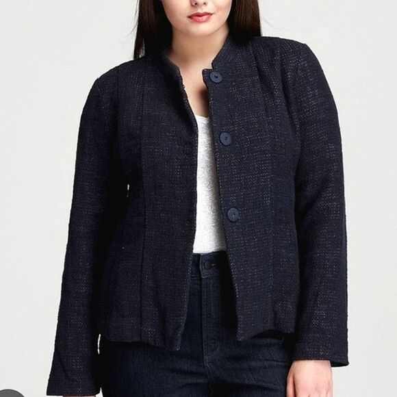 Eileen Fisher Mandarin Collar Cropped Stitch Cotton Linen Tweed Jacket Medium - Picture 1 of 7